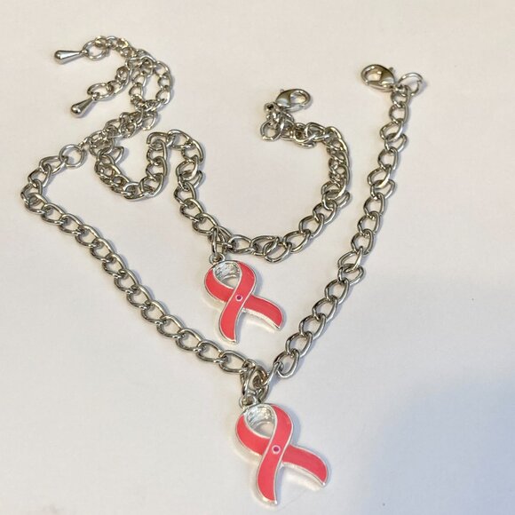 Pink Ribbon Anklet Lot of 2 Breast Cancer Awareness Anklets 8-10.5" Rhodium - Picture 2 of 8